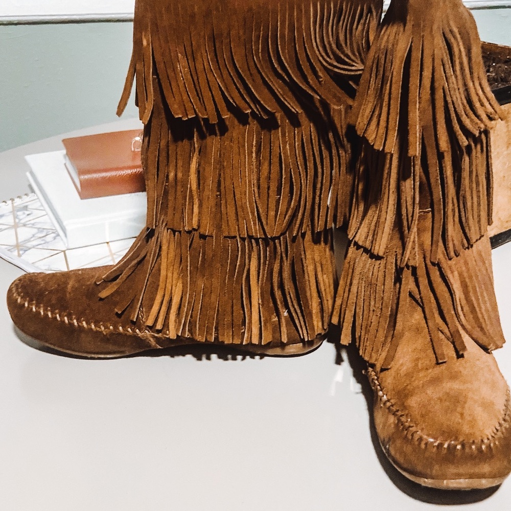 Boho Hippie Fringed 3-Tier Minnetonka Suede Boots